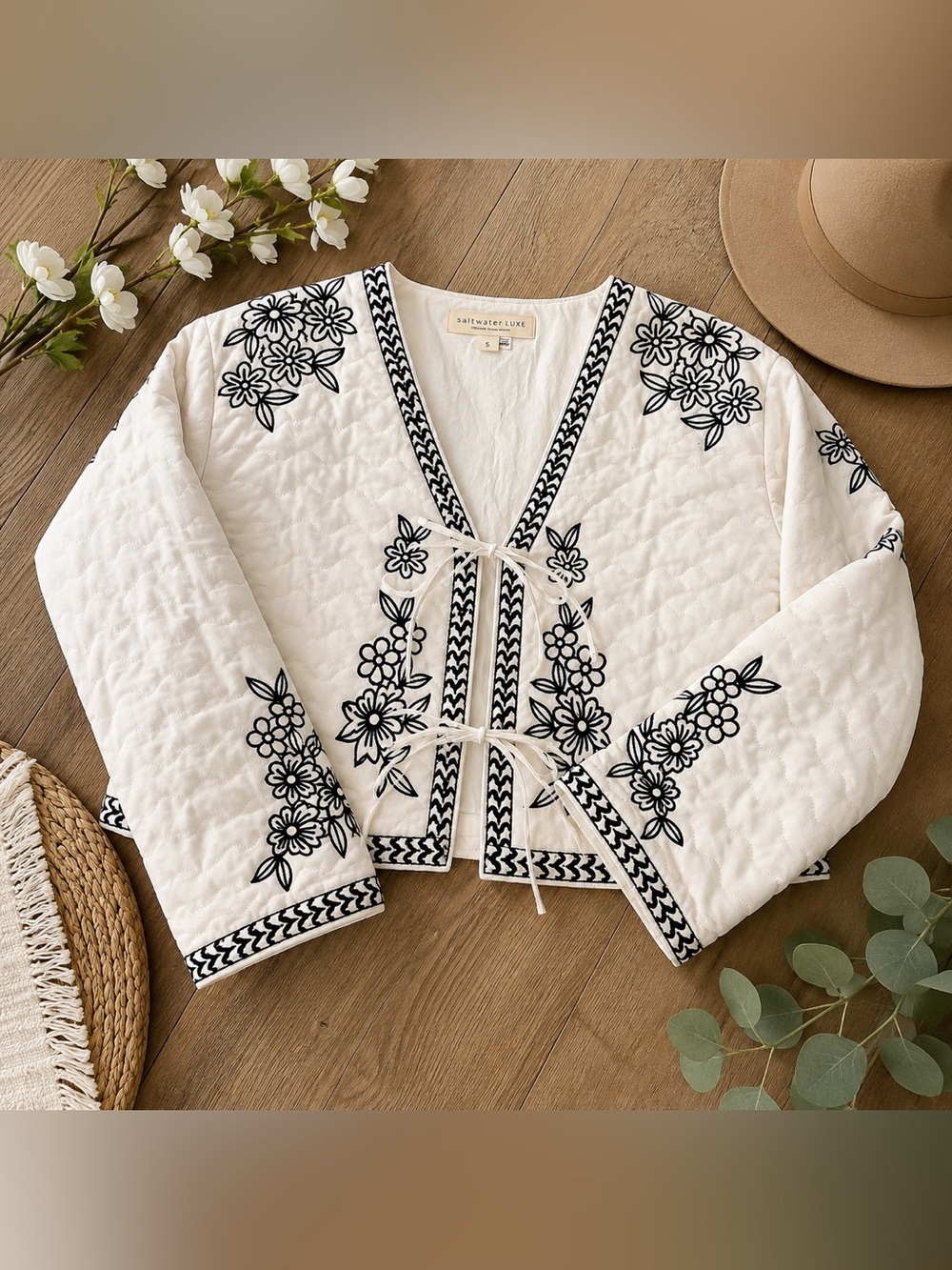 Saltwater Luxe Cream Quilted Embroidered Tie Front Jacket Size Small